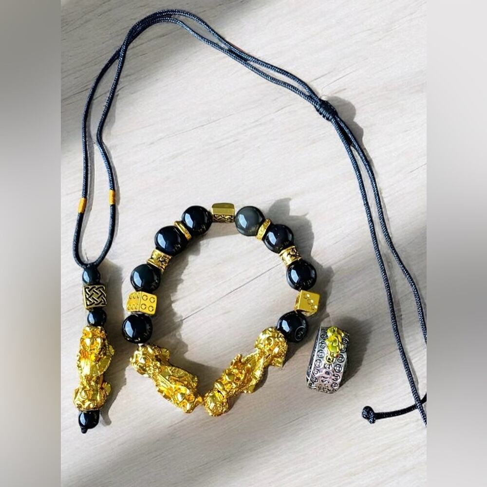 Feng Shui Black Obsidian Wealth Bracelet Necklace & Ring Pi Xiu Unisex Set NEW